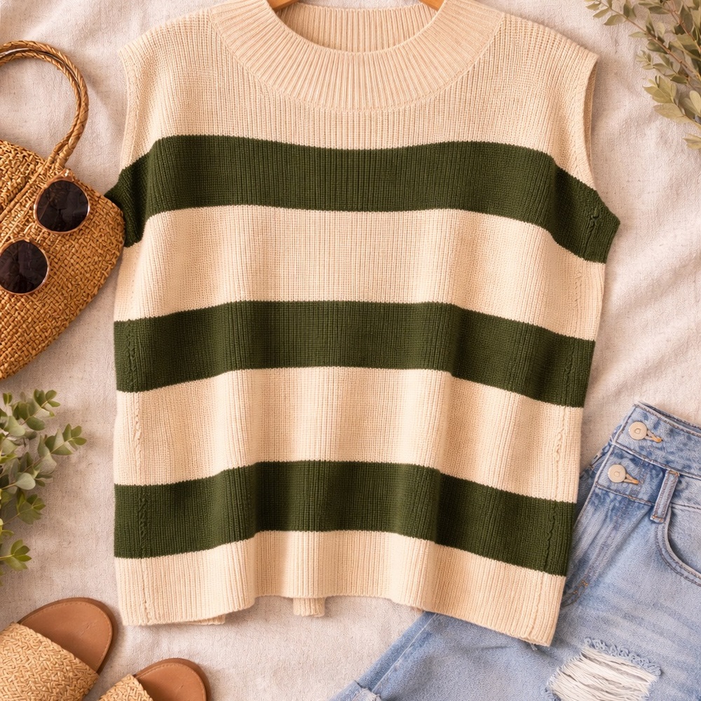 JODIFL Ribbed V-Neck Sleeveless Sweater Vest in Cream & Olive Green